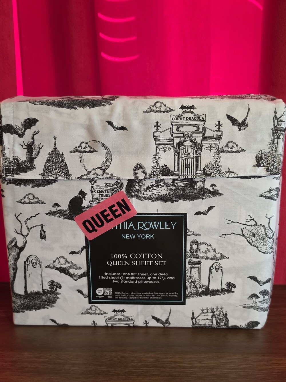 Cynthia Rowley Black & White Cemetery Graveyard Queen Sheet Set NWT